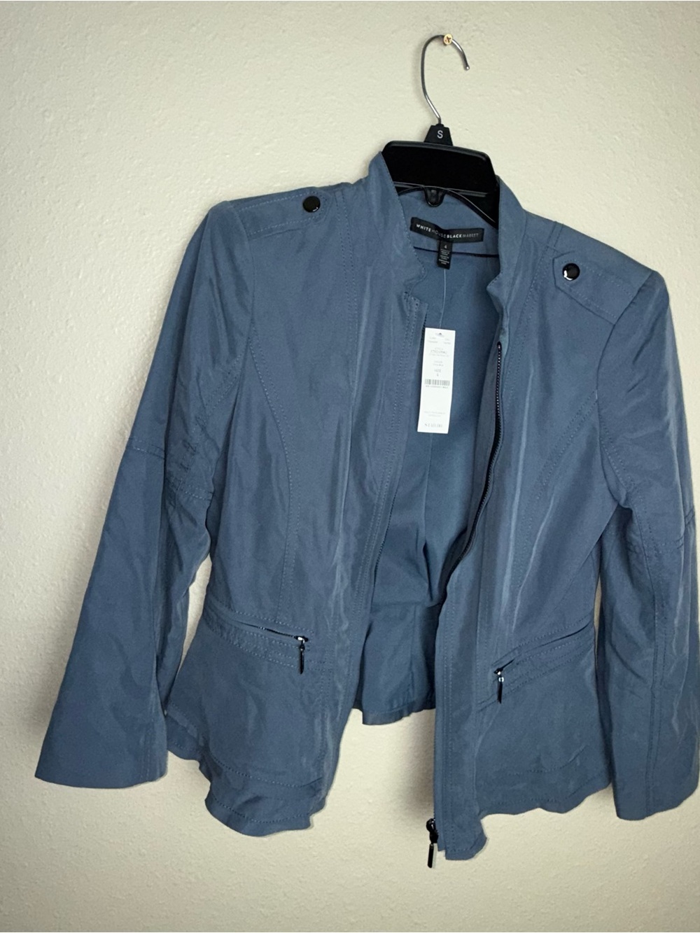 White House Black Market China Blue Peplum Moto Jacket NWT Size 4